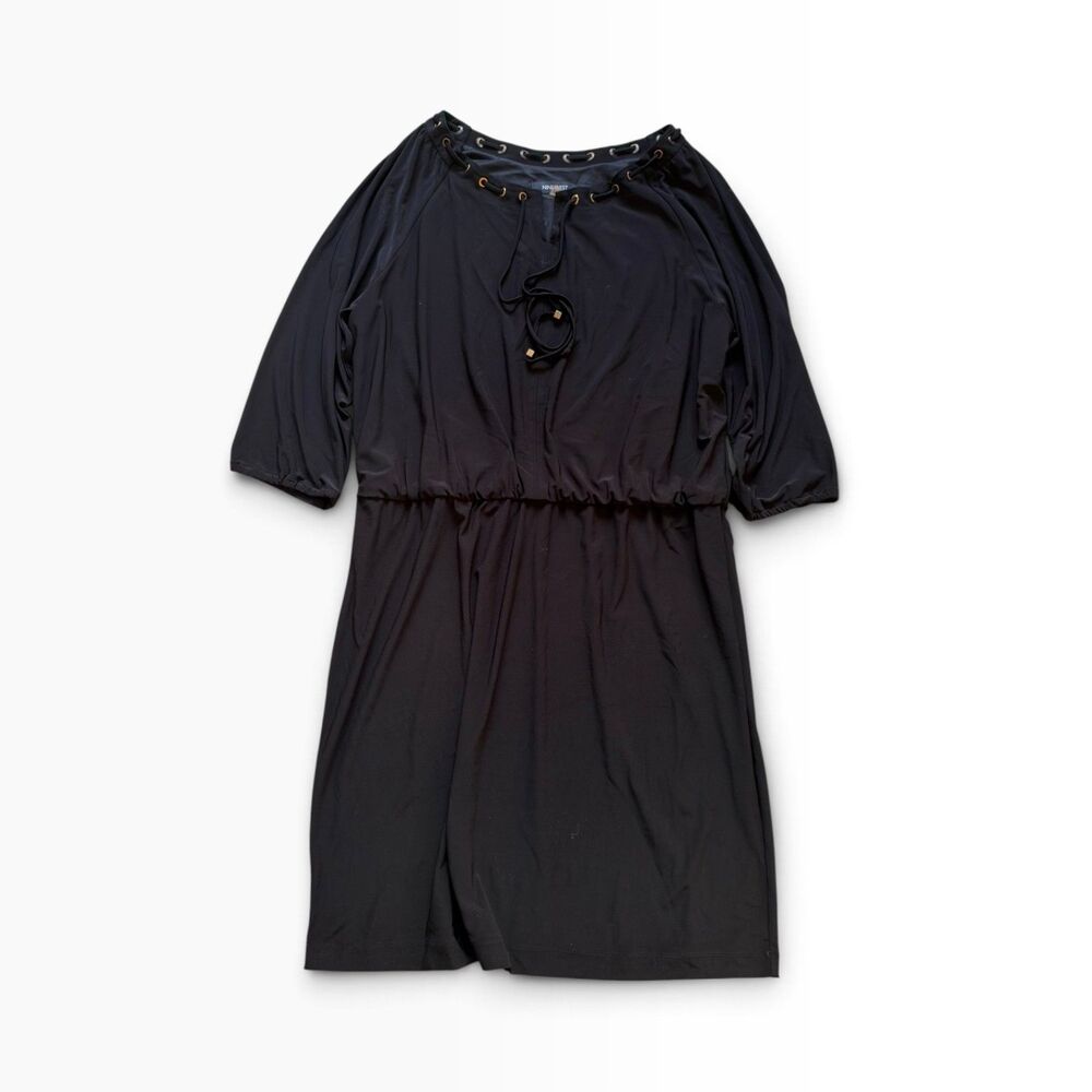 Nine West Dress Women’s 14 Gold Grommet Tie Neck Cinched Waist Black LBD